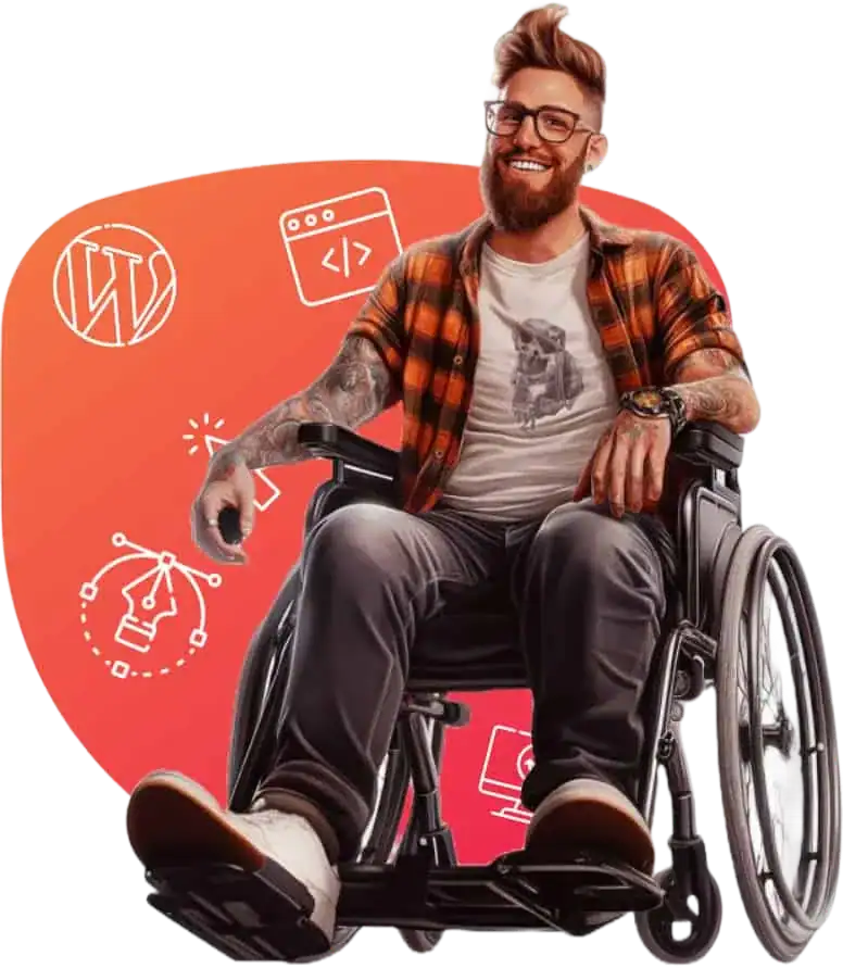 Smiling man in wheelchair with tech background