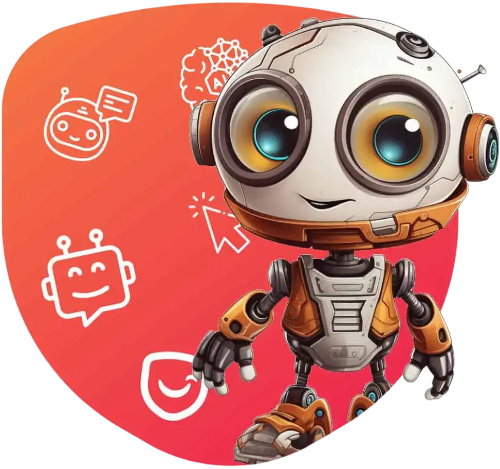 Smiling cartoon robot with big eyes and gears.