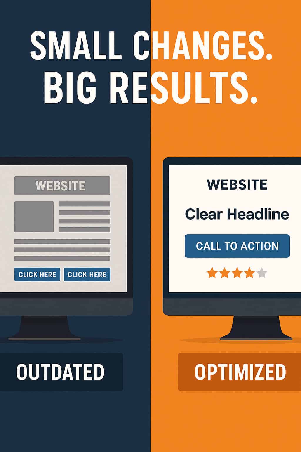 Split-screen digital illustration showing a cluttered, outdated website on the left and a clean, modern, mobile-friendly website on the right, highlighting small design changes that improve user experience and conversions.