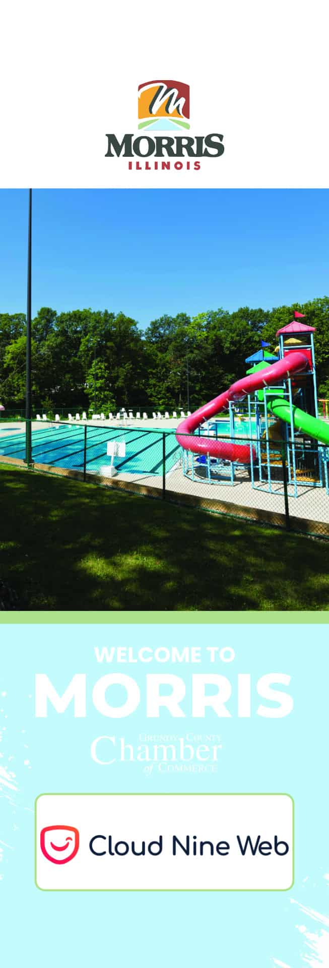 Morris, Illinois pool with colorful slides and logo.