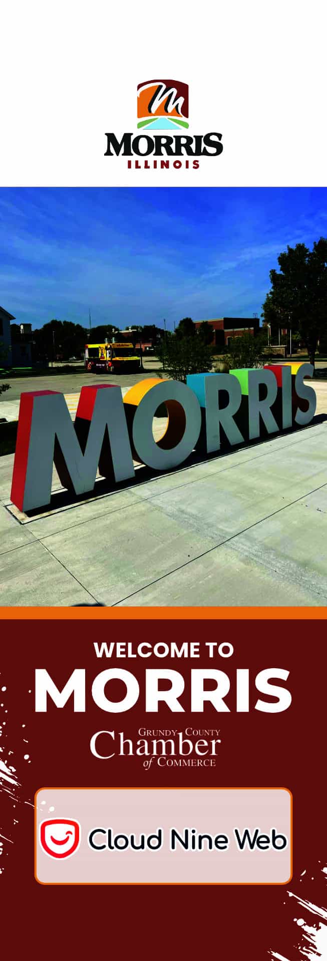 Morris, Illinois colorful welcoming sign with clear skies.