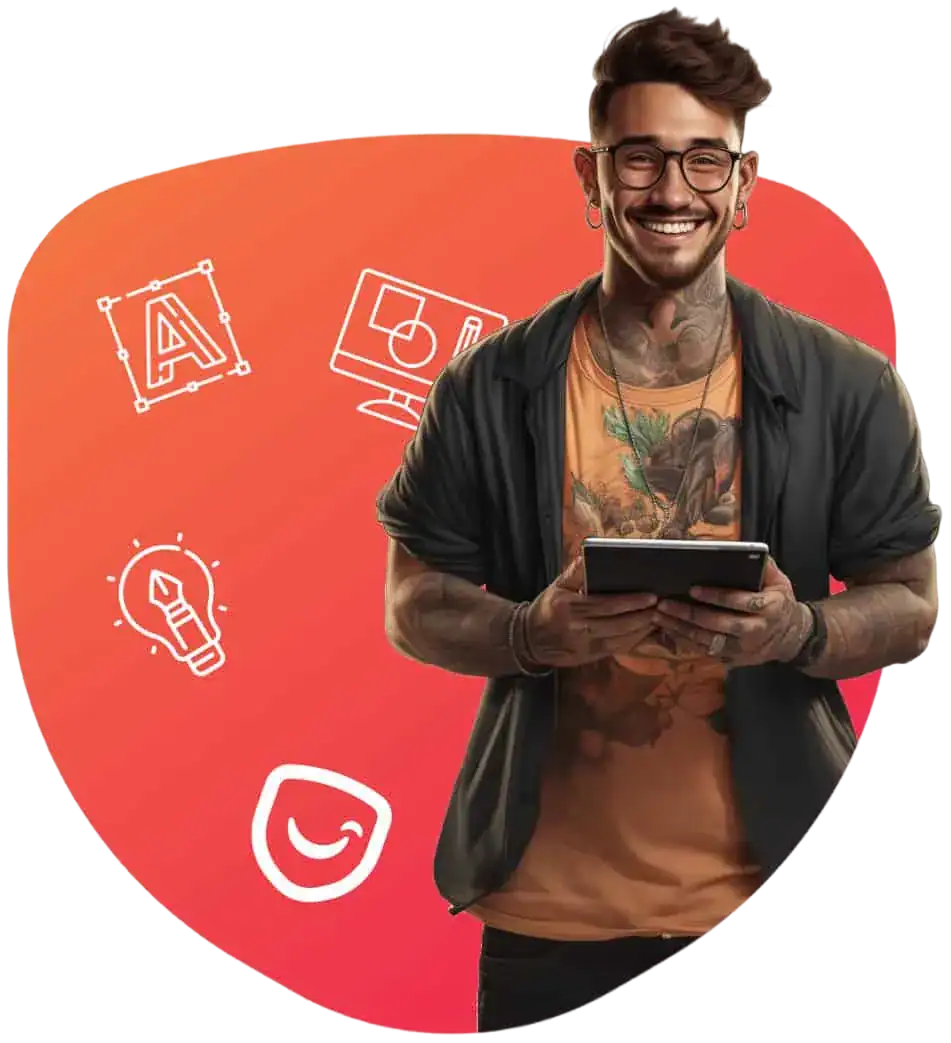 Smiling tattooed man holding tablet with design icons
