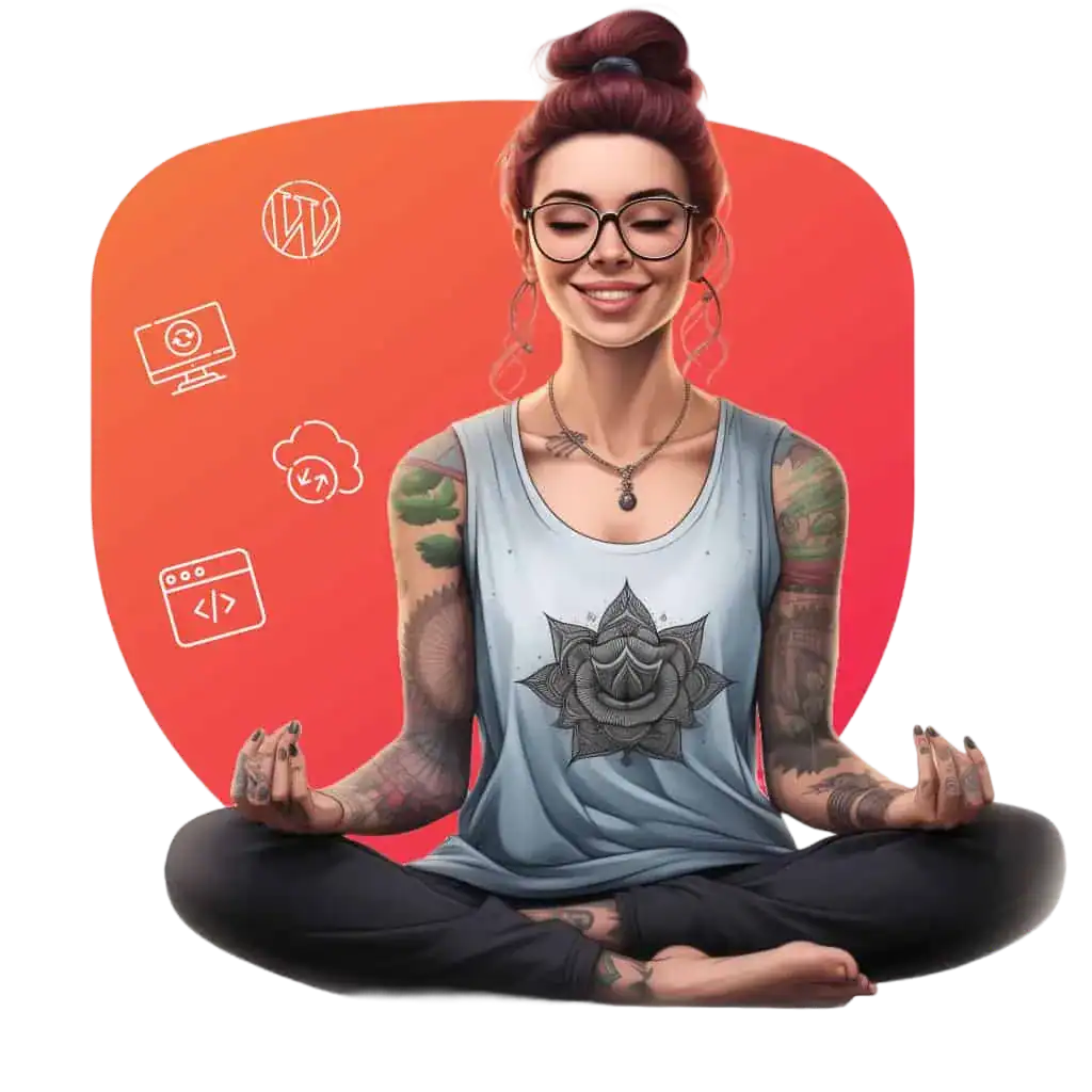 Tattooed woman meditating with tech icons in background.