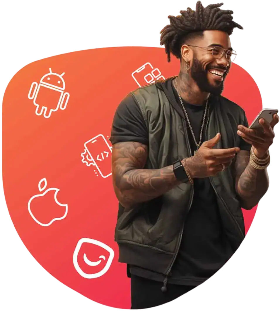 Smiling man using smartphone with tech icons background.