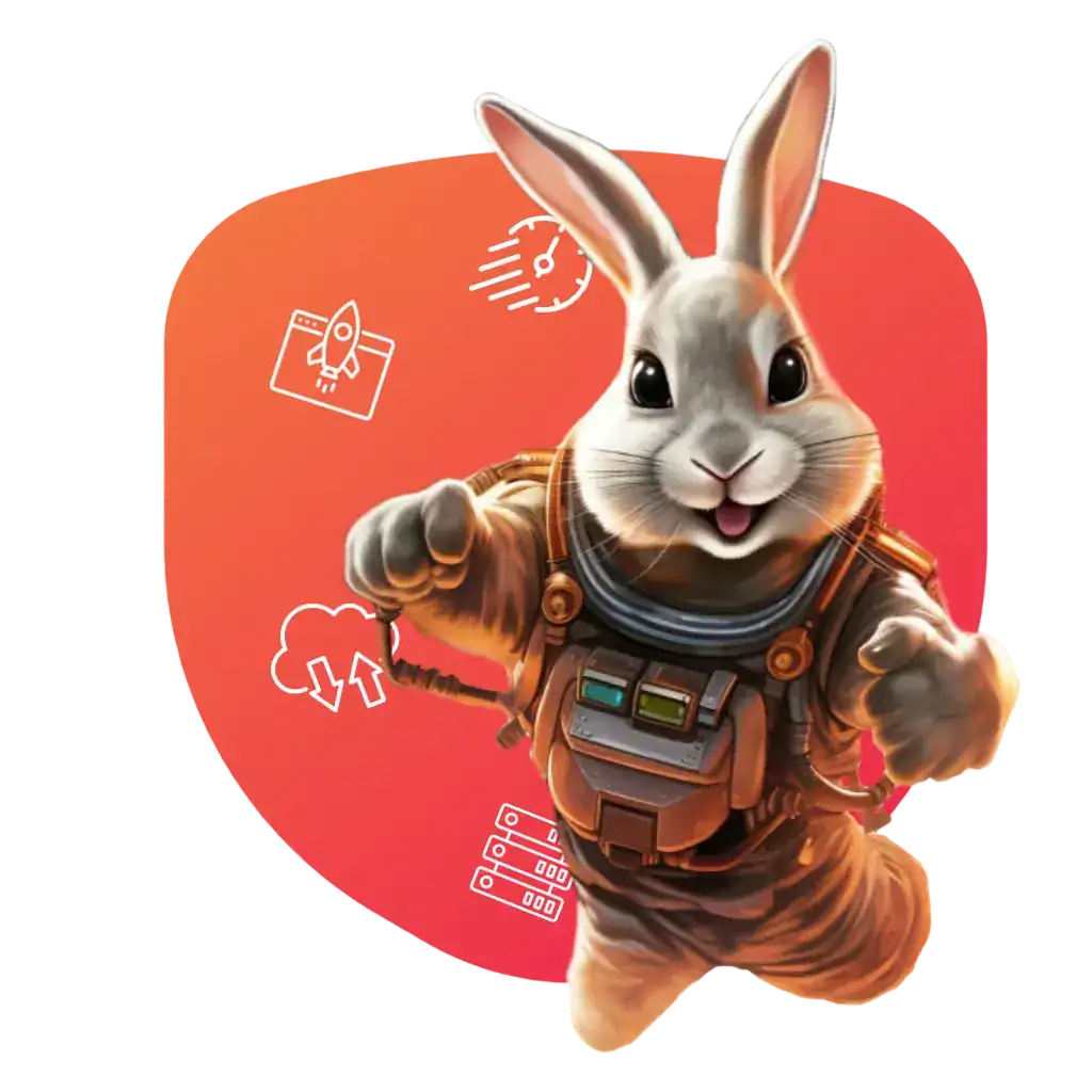 Astronaut rabbit with technology symbols on red background
