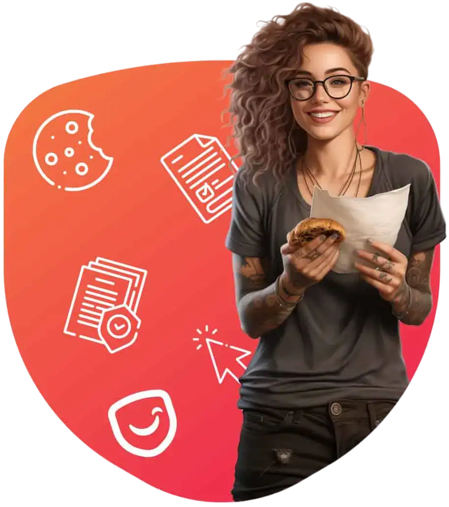 Smiling person eating a cookie with icons around.