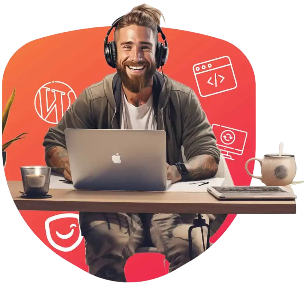 Man with laptop and headphones smiling at desk.