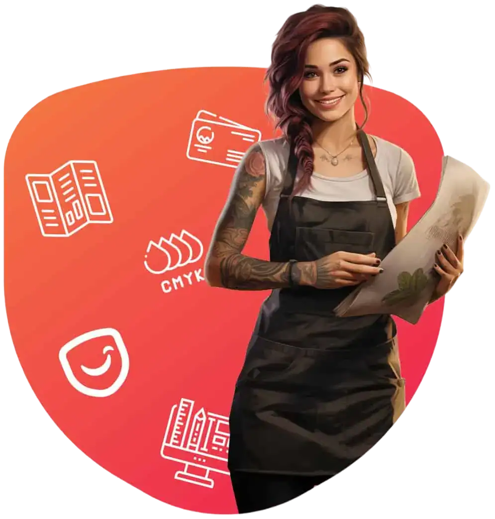 Smiling woman holding paper against graphic background.