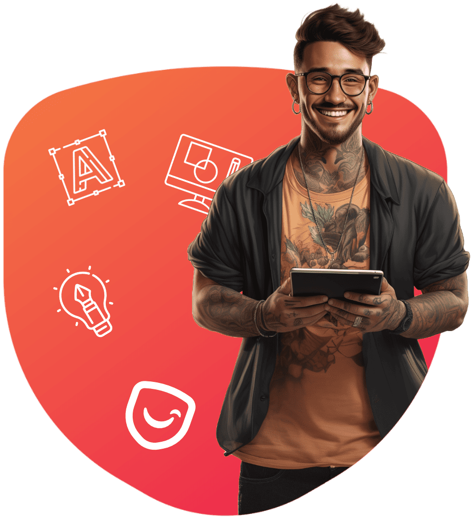 Smiling man holding tablet, digital icons background