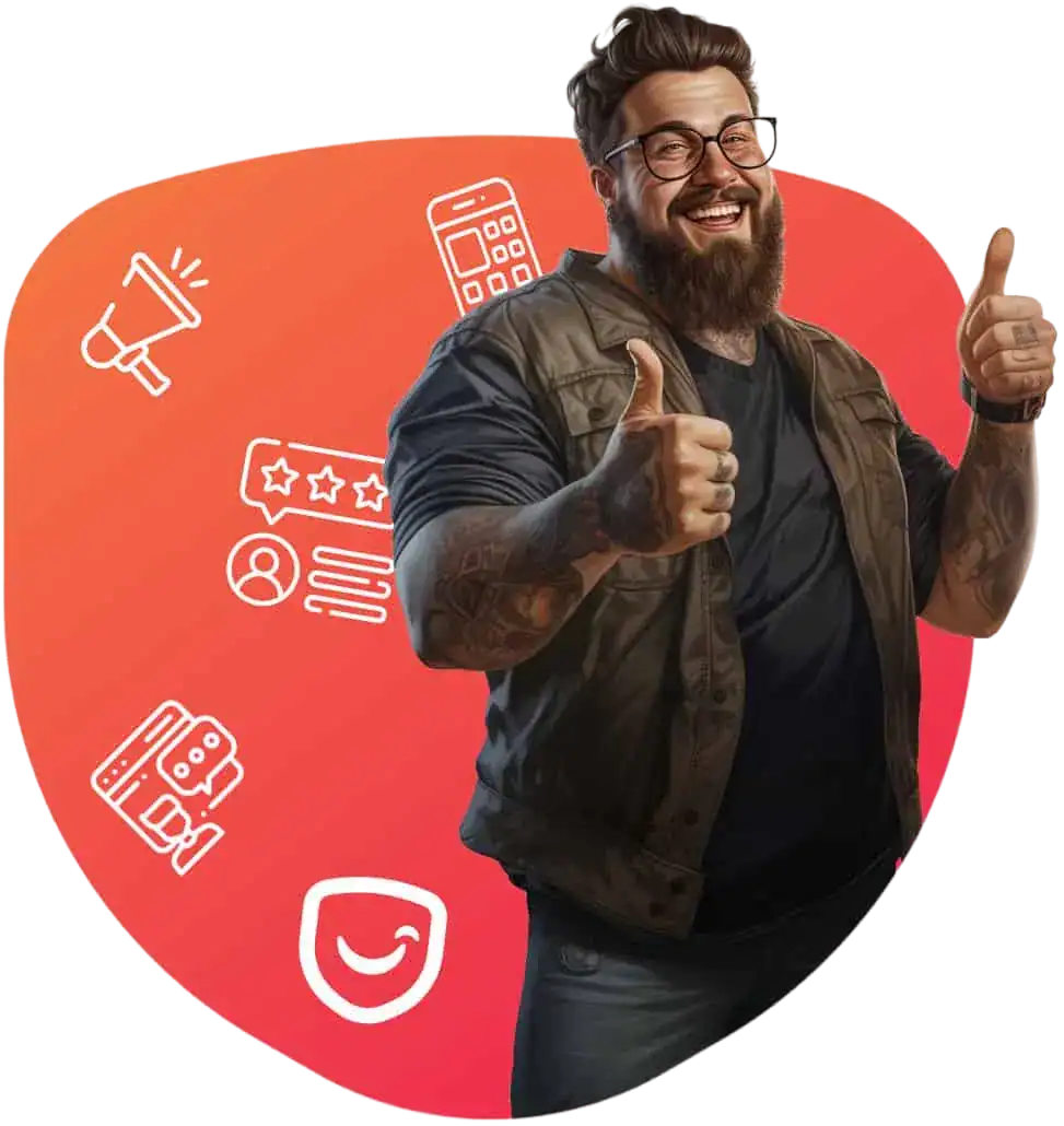 Smiling man giving thumbs up, marketing icons surrounding.