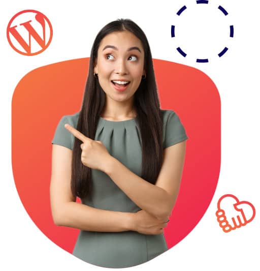 Excited woman pointing at WordPress logo