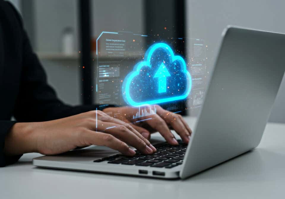 Person typing with cloud upload graphic on screen.