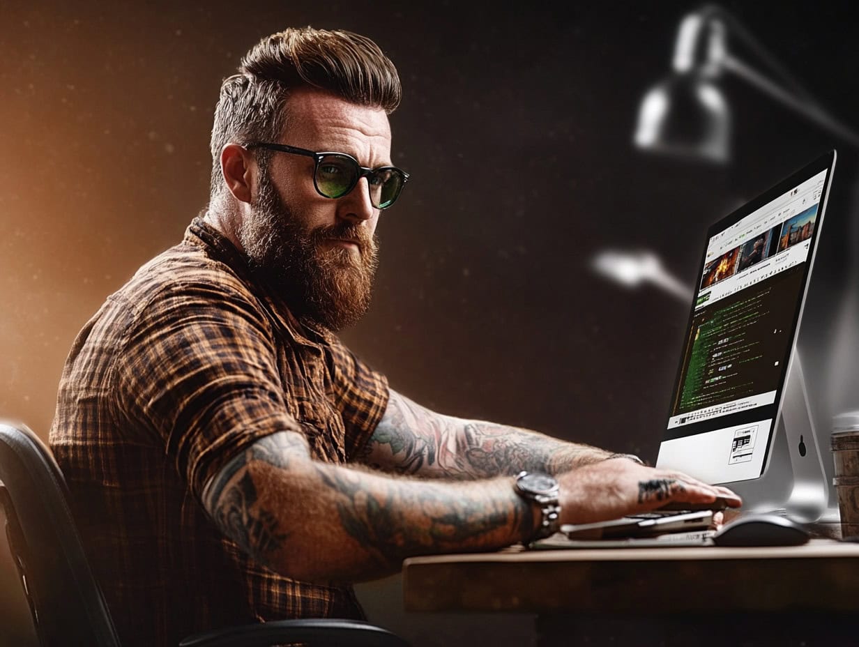 Bearded man with tattoos and glasses working intently on a desktop computer in a dimly lit, modern workspace, with website code and design tools visible on the screen.