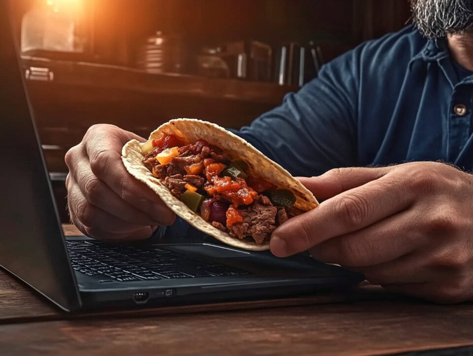Man eating taco at computer desk