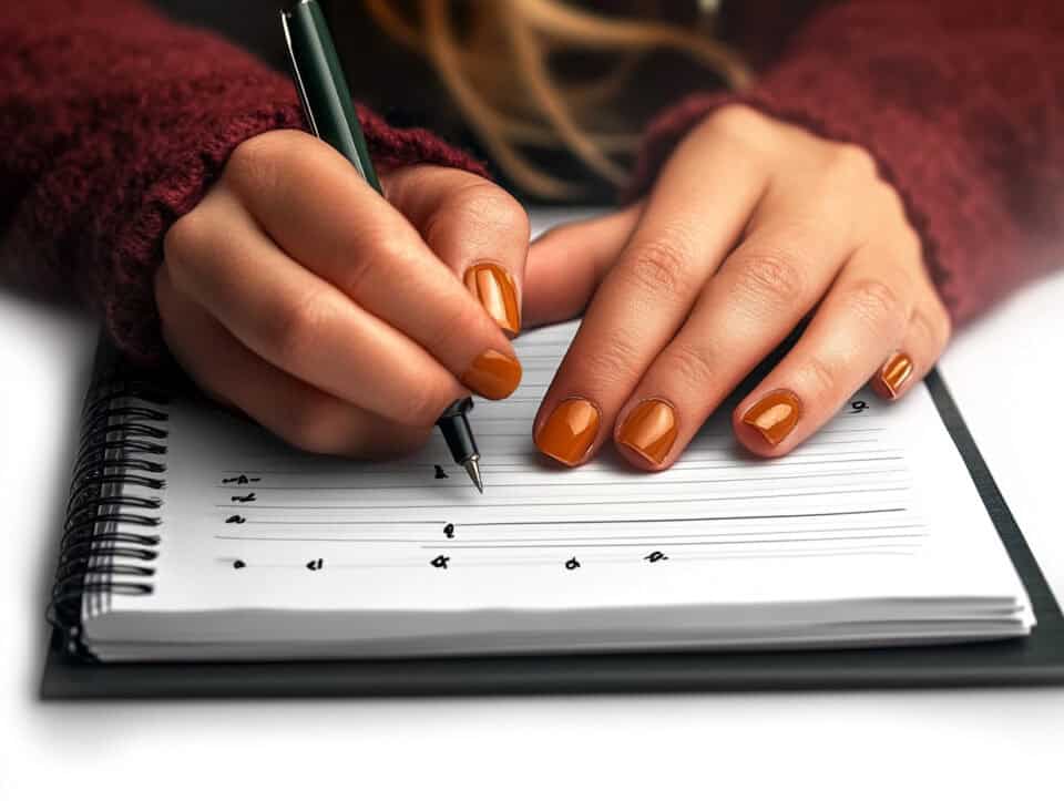 Person writing in spiral notebook with black pen.