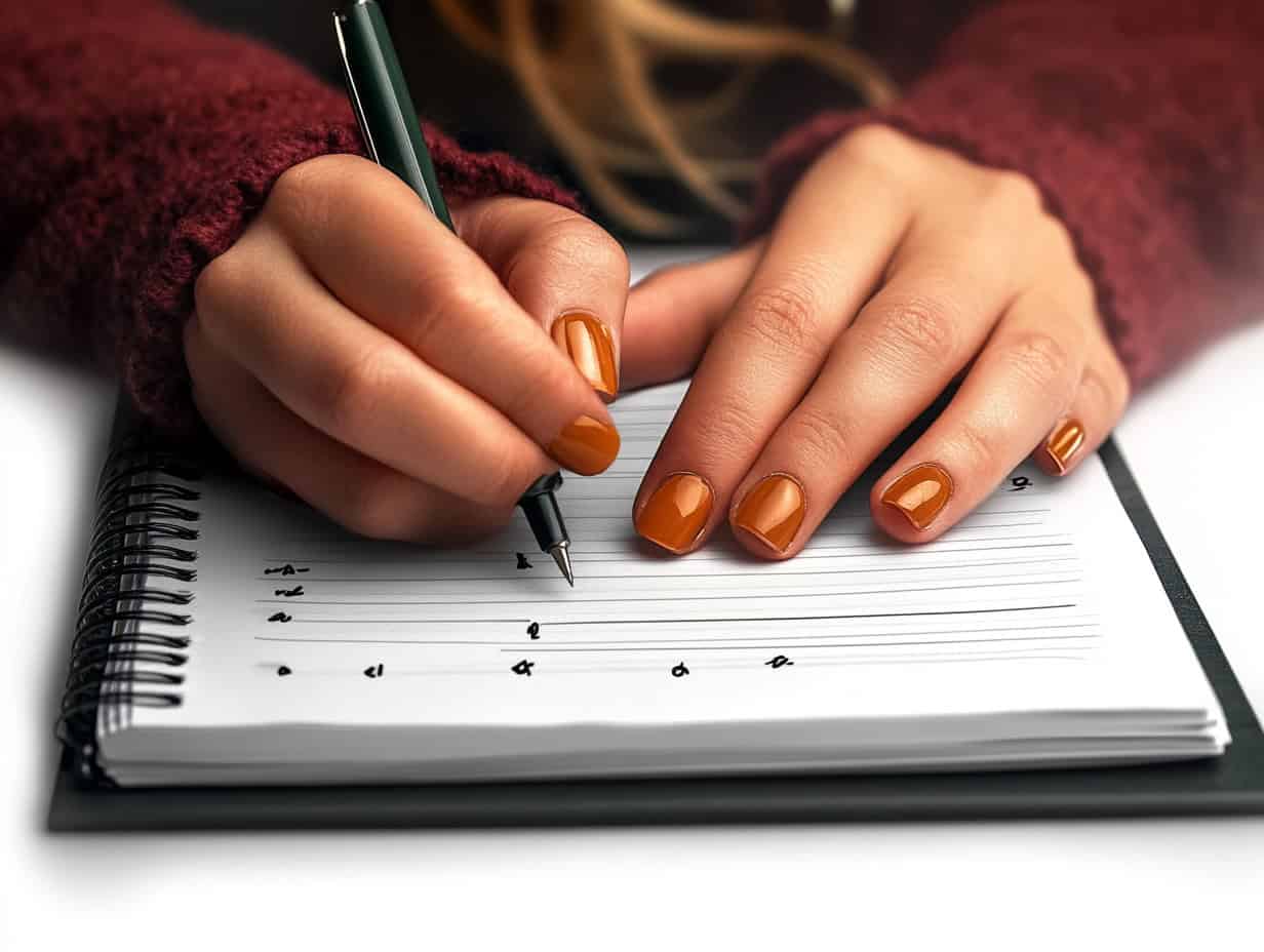 Person writing in spiral notebook with black pen.