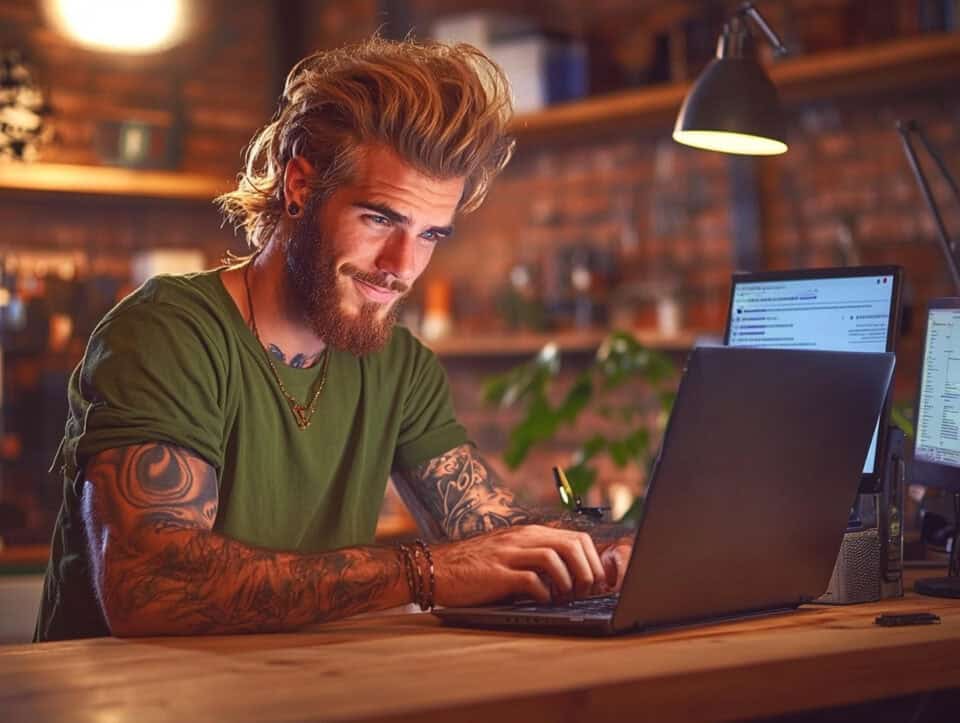 Man with tattoos working on a laptop in office.