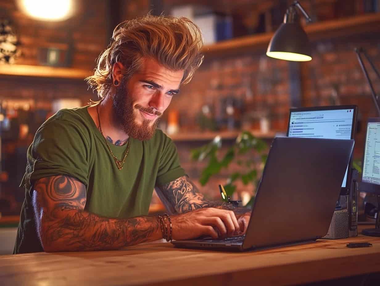 Man with tattoos working on a laptop in office.