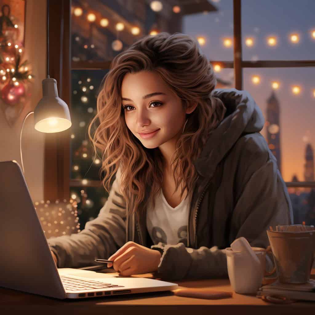 Woman sitting at laptop with lights behind her