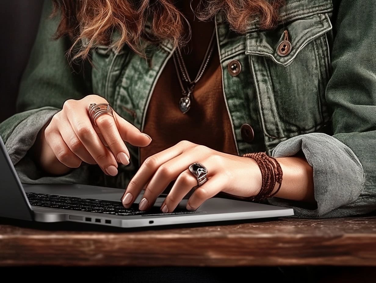 Person typing on laptop with rings and bracelets.