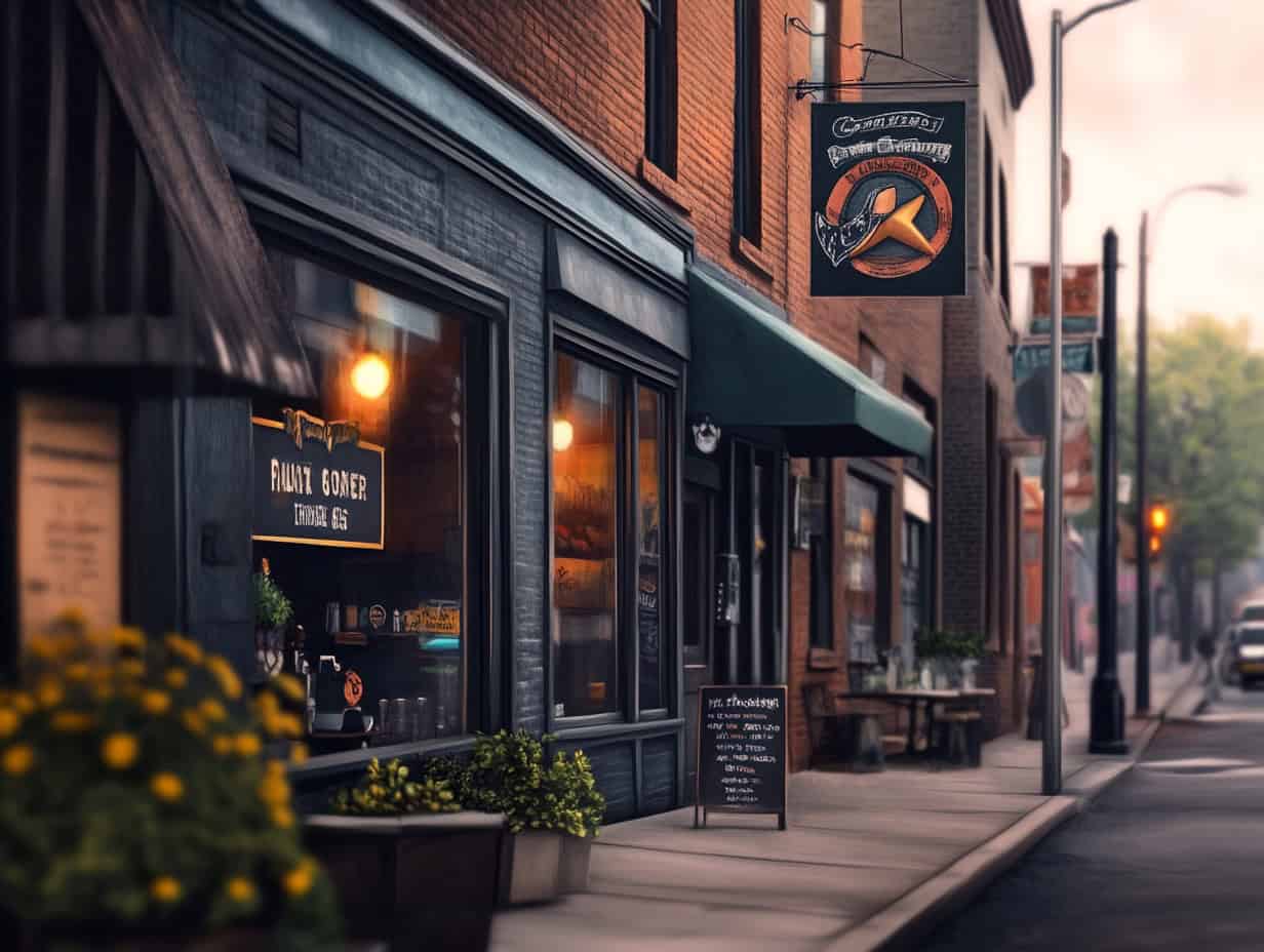 Cozy urban cafe with outdoor seating on city street.
