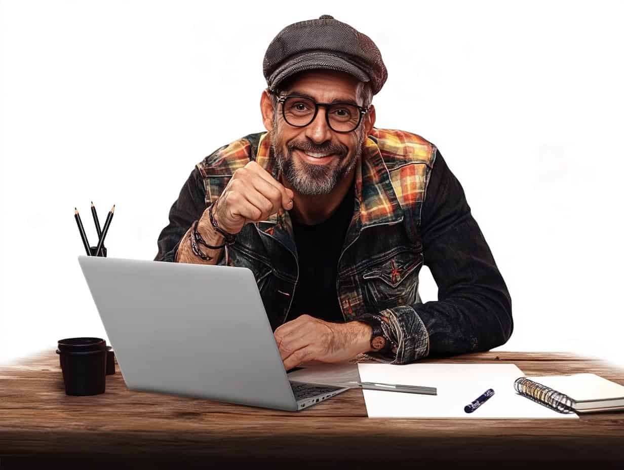 Man smiling at laptop, working at desk