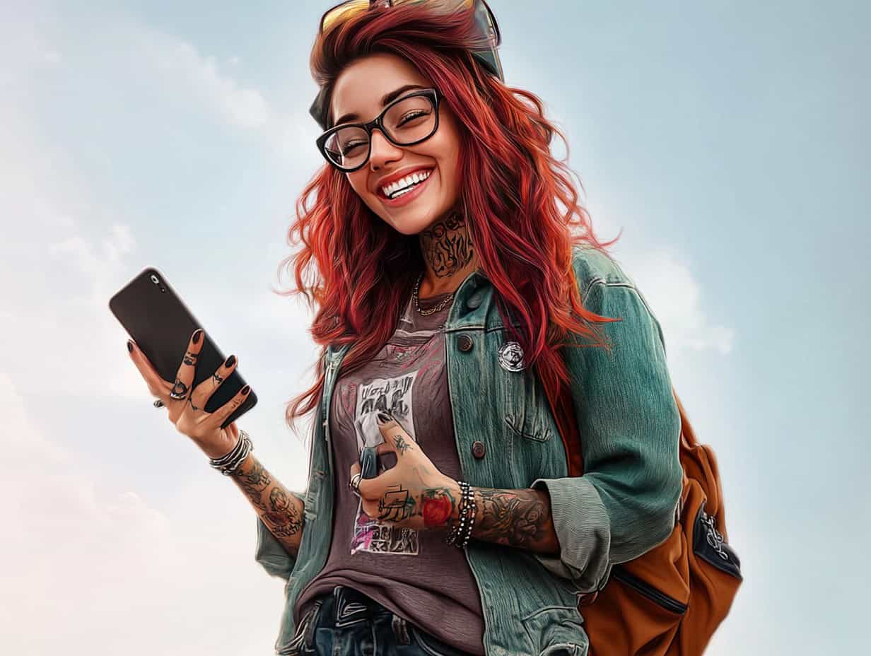 Smiling woman with phone, tattoos, red hair, backpack.